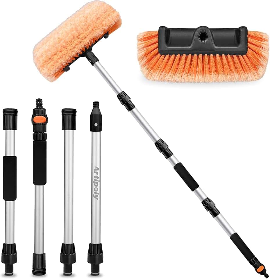 ARTIPOLY 72" Car Wash Brush with Long Handle, Flow-Thru Soft Bristle Car Washing Brush with Extendable Handle and Hose Attachment and On/Off Switch for Car, RV, SUV, Truck, Boat, House Siding