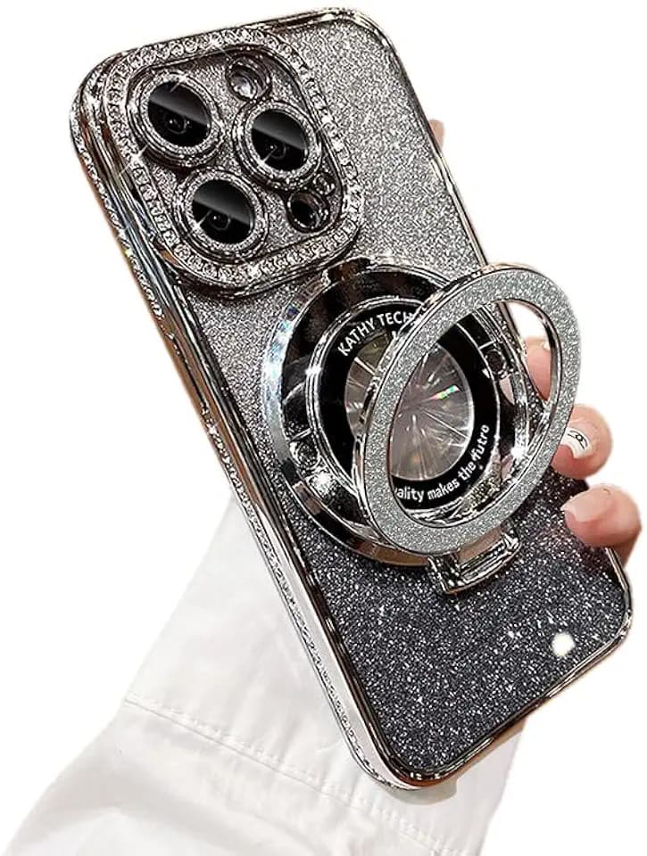 Bling Glitter Phone Case Compatible with iPhone 11 Pro Max, Kickstand Camera Lens Protector Soft Cover Sparkling Rhinestone Case (Silver)