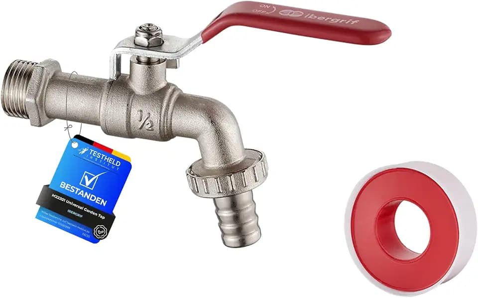 Ibergrif Garten Wasserhahn 1/2 zoll mit Gartenschlauch Adapter - Kugelhahn Frostsicher -10℃, High Temperature Resistance 120℃, Absperrhahn Tropffrei für Garten Regentonne, Wasserhahn Aussen Messing