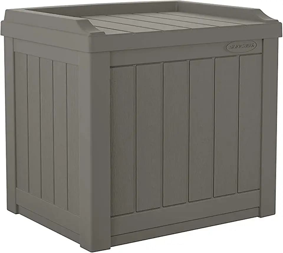Suncast Outdoor Storage Box - 22 Gallon Stone Gray Resin Outdoor Deck Box with Seat, Weatherproof Patio Storage Bin Container for Keeping Cushions, Tools, & Towels for Pool, Yard, & Garden
