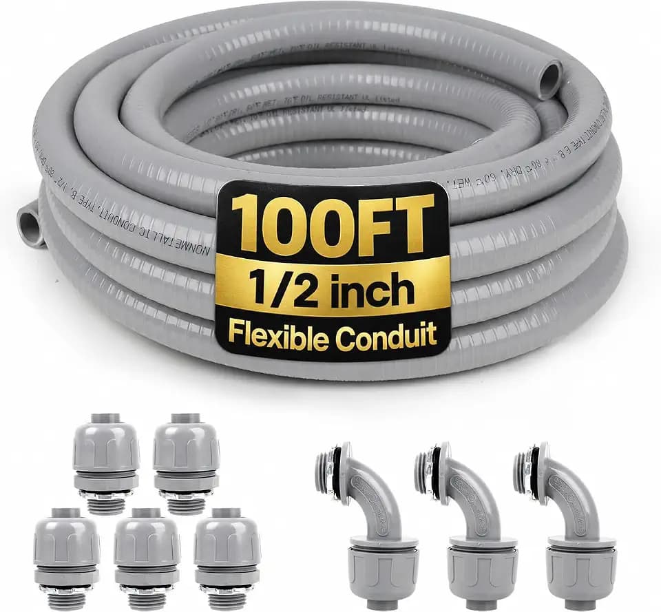 1/2inch 100ft Liquid-Tight Conduit and Connector Kit,Flexible Non-Metallic Liquid Tight Electrical Conduit Kit with 5 Straight and 3 90-Degree Connector Fittings,1/2 in. Dia
