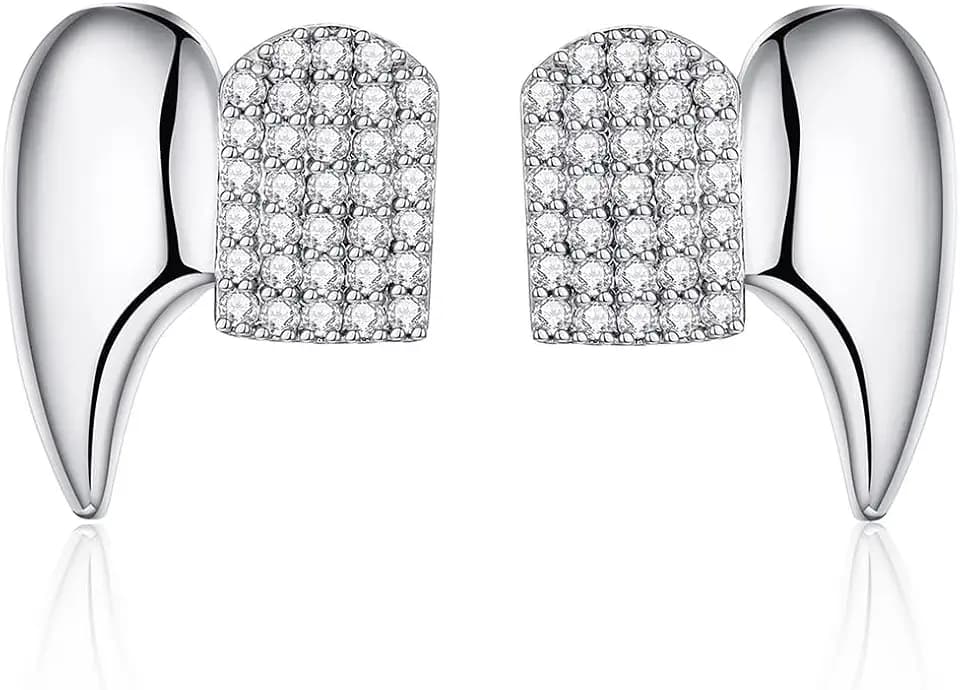 Gothic Vampire Diamond Grills Teeth Grillz Diamond Grills for Your Teeth 18k Gold Plated Double Tooth Grizz Caps Vampire Bat Fang Iced Out CZ Diamonds Grills Gothic Halloween Cosplay Party Jewelry for Men and Women