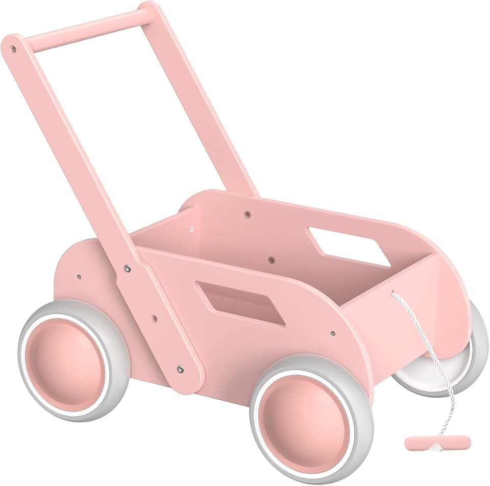 Lauflernwagen Holz, Baby Lauflernhilfe für Junge und Mädchen, Toddler Push & Pull Lauflernspielzeug, Kinderwagen aus Holz, Baby Walker mit Rädern, Geschenk für Geburtstag Weihnachten, Rosa
