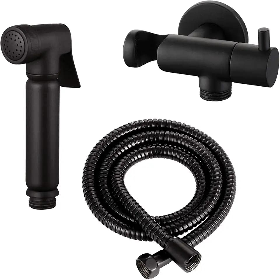 Design WC/Bidet Handbrause Komplettset mit Absperrventil aud Massiv Messing - Rund in Schwarz Matt mit Handbrause und Halterung, nur für Kaltwasser