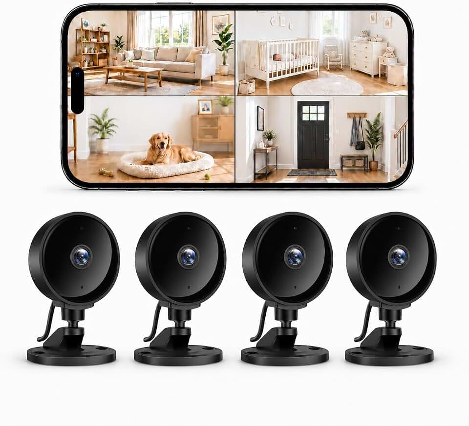 WOLFANG Überwachungskamera Innen 1080P, Mini Kamera WLAN für Zuhause mit Nachtsicht, Bewegungserkennung, 2-Wege-Audio, Ohne Monatsgebühr, Kompatibel mit Alexa & Google Home, Nur 2,4GHz WLAN, 4er Set