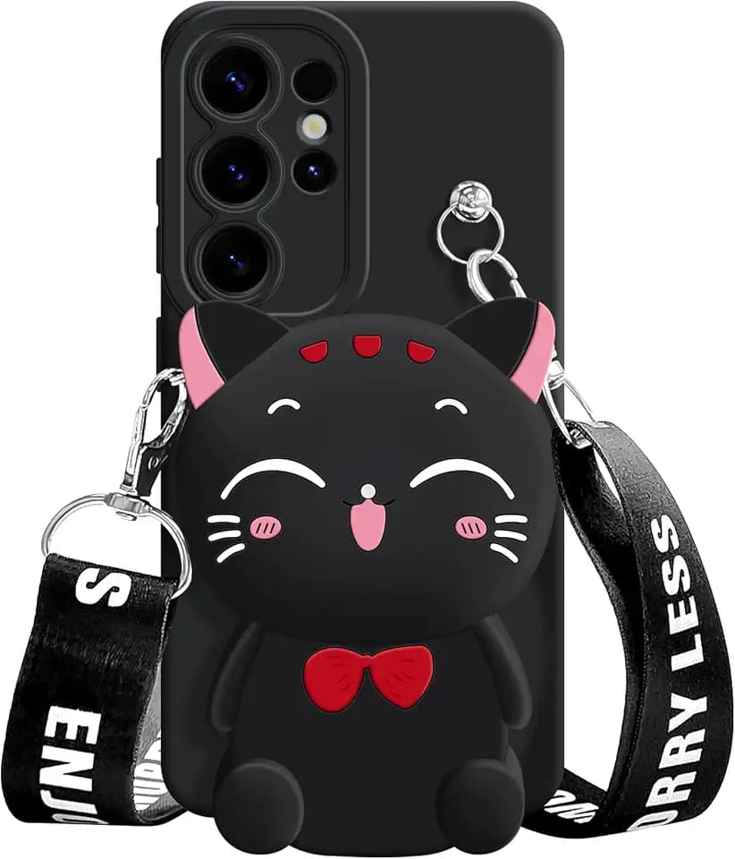 for Samsung Galaxy S26 Ultra Case, Cute Black Lucky Cat Coin Purse Fancy Phone Case for Women Girls with Crossbody Strap Kawaii Soft Silicone Cover for Galaxy S26 Ultra