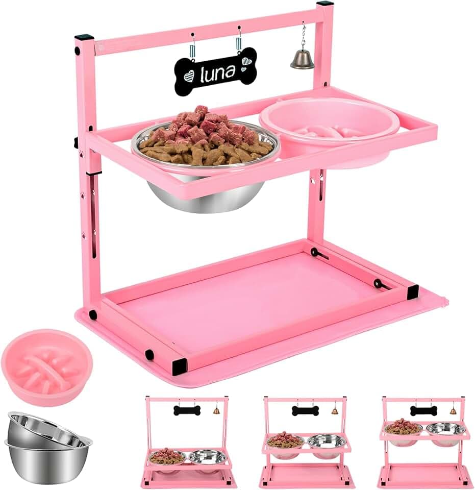 ADENGL Rosa Erhöhter Hundenapfständer mit zwei 1700ml Edelstahl-Futternäpfen, einem langsamen Hundefutterspender und auslaufsicherer Matte, verstellbarer Hundefutterspender, erhöhte Hundenäpfe für