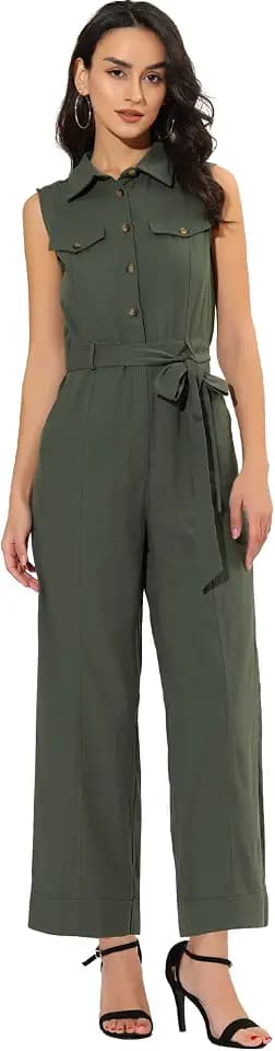 Allegra K Women's Wide Leg Jumpsuit 2026 Sleeveless Collared Tie Waist Coverall Button Down Cargo Cotton Jumpsuits