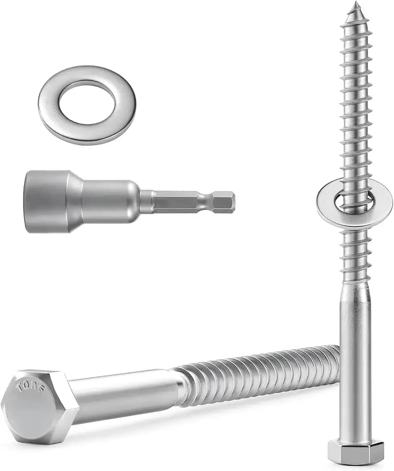 4 Sets 3/8" x 6" Hex Head Lag Screws Bolts with Flat Washers 304 Stainless Steel 18-8 Heavy Duty Lag Screw for Wood, Driver Bit Included