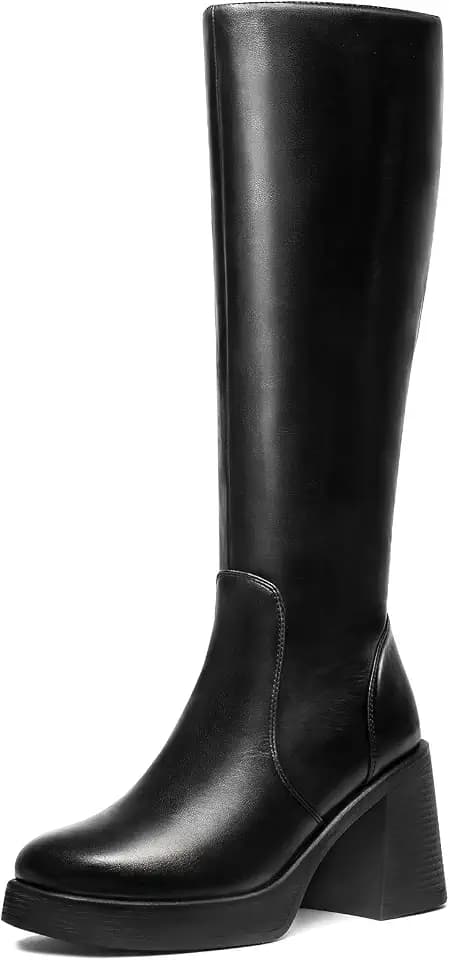 Choiran Knee High Boots for Women - Platform Chunky Square Toe Tall Boots with Block Heeled Side Zipper, Fashion Long Gogo Boots for Spring Fall
