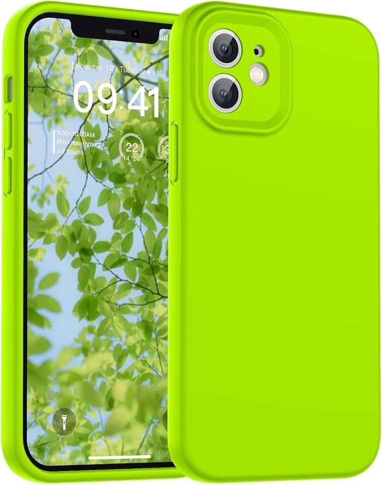 SUPFINE Designed for iPhone 12 Case,Premium Liquid Silicone with [Soft Anti-Scratch Microfiber Lining][Upgraded Camera Protection] Slim Shockproof Phone Case for Men Women Girls,Fluorescent Green