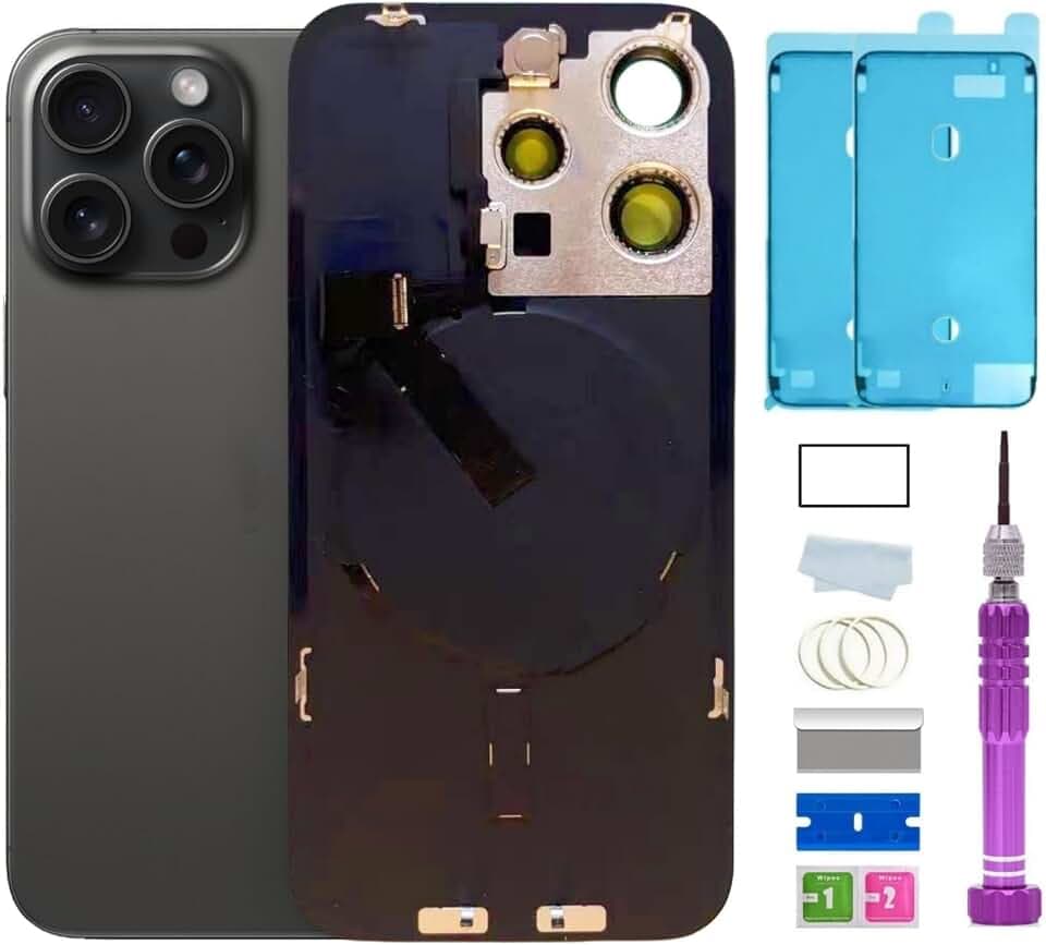 15 Pro Max Back Glass Replacement with Plate & Flex Cable and All Parts for iPhone 15pro Max Back Cover Glass (Black Titanium, 6.7 Inch) + Waterproof Tape + Repair Tools (Black Titanium)