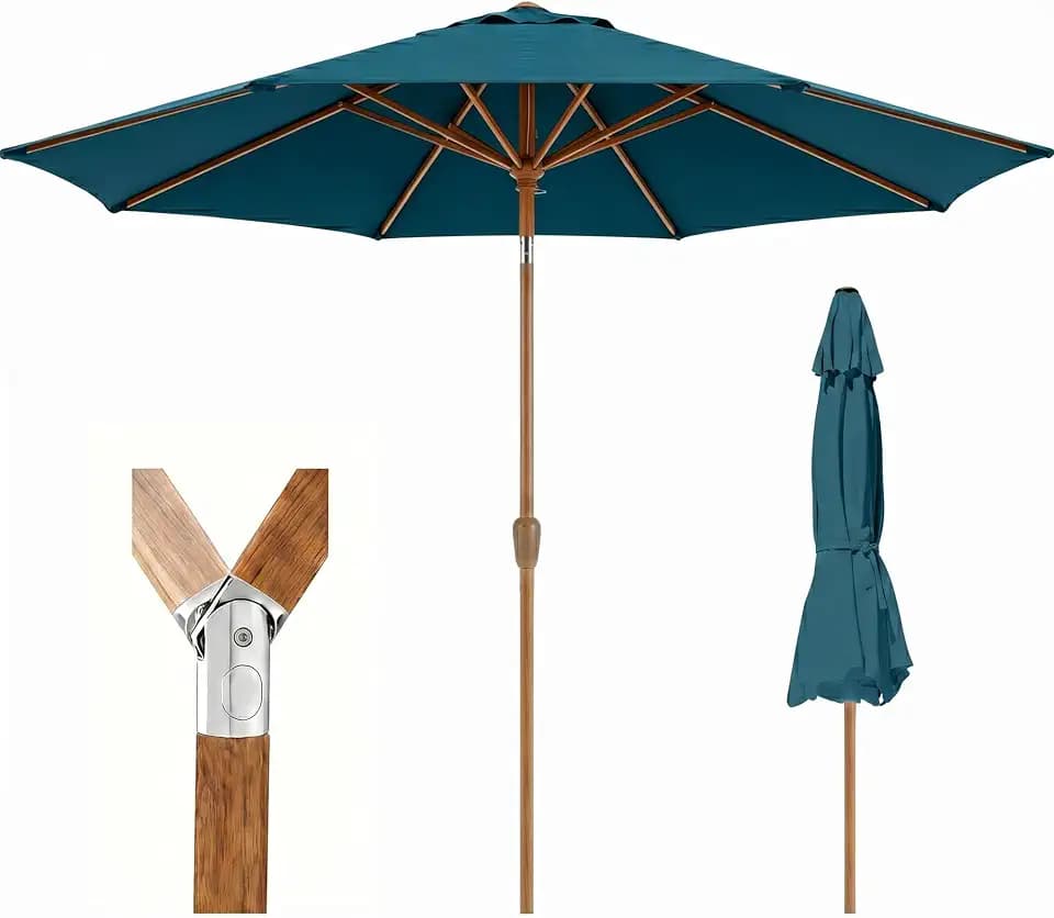9ft Outdoor Patio Umbrella, Market Table Umbrella with Crank and Easy Push Button Tilt, Wood Grain Frame, UPF 50+ for Pool, Garden, Deck, Backyard
