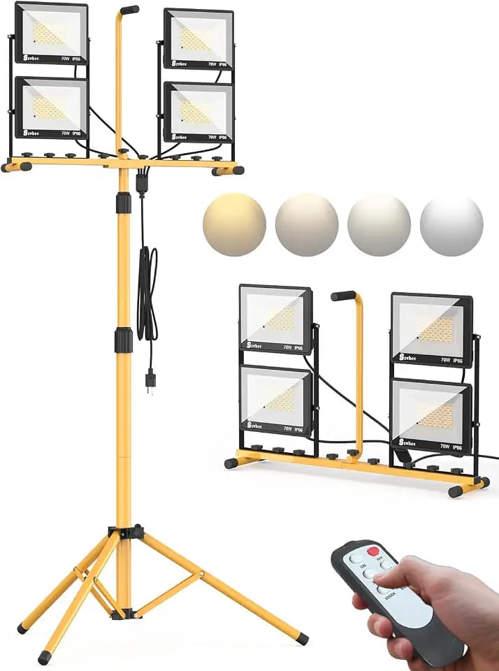 32000 Lumen LED Work Light with Stand, 4-Head Tripod, Remote Control