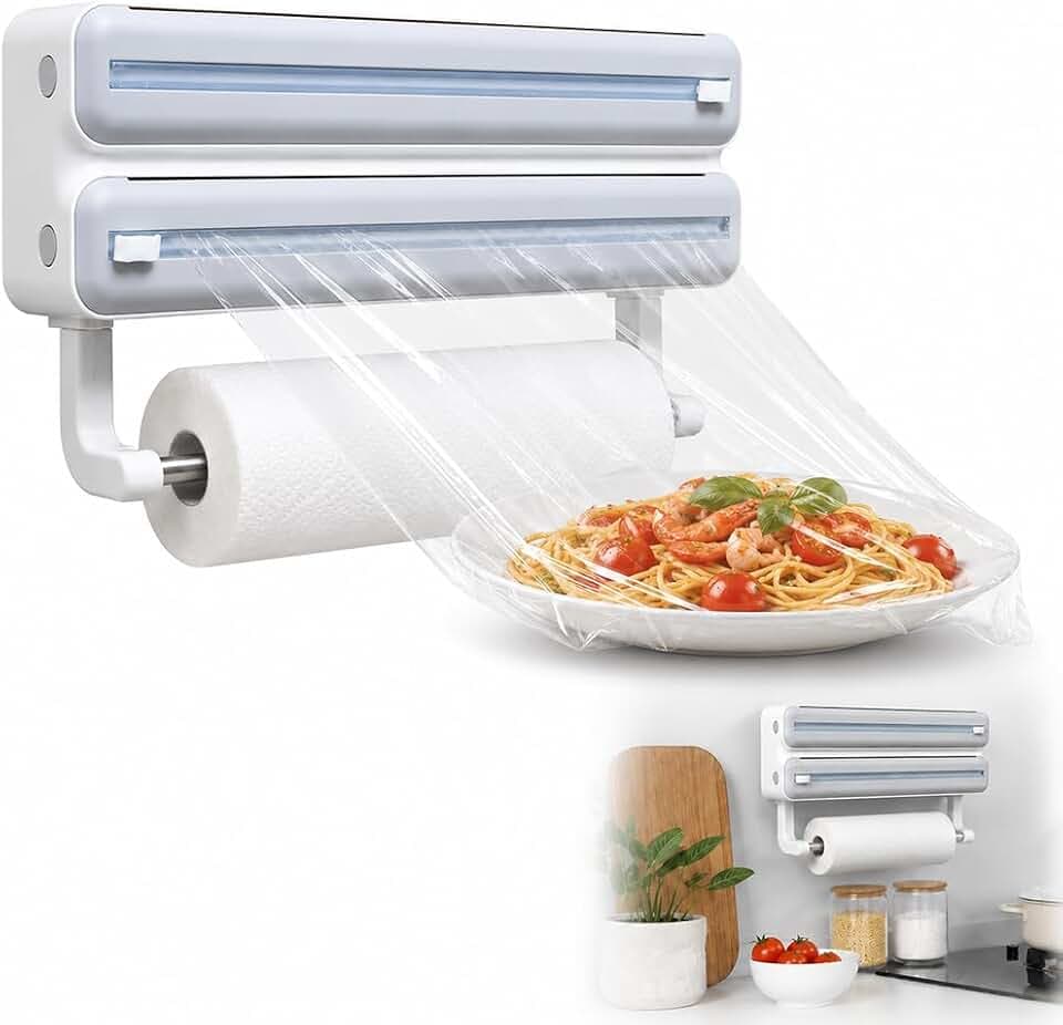 Frischhaltefolienspender, 3 in 1 für Rollen bis 31 cm Wandrollenhalter Küche, ohne Bohren Klebe Praktischer Folienschneider, für Küche Küchenorganizer Platzsparender Folienspender, Grau