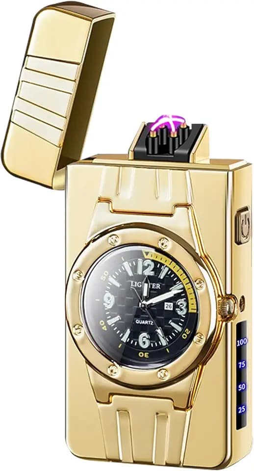 Luxury Windproof Dual Arc LED Display USB Rechargeable Plasma Lighter Elegant Gift for Birthday Father's Day and Special Occasions(Gold Ice HEI)