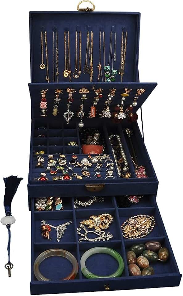 Schmuckkästen für Damen 3 Schichten großer Schmuck-Organizer Aufbewahrungsbox für Ohrringe Halsketten Ringe Armbänder Schmuckhalter abschließbar Schmuckkästchen (Navy blau)