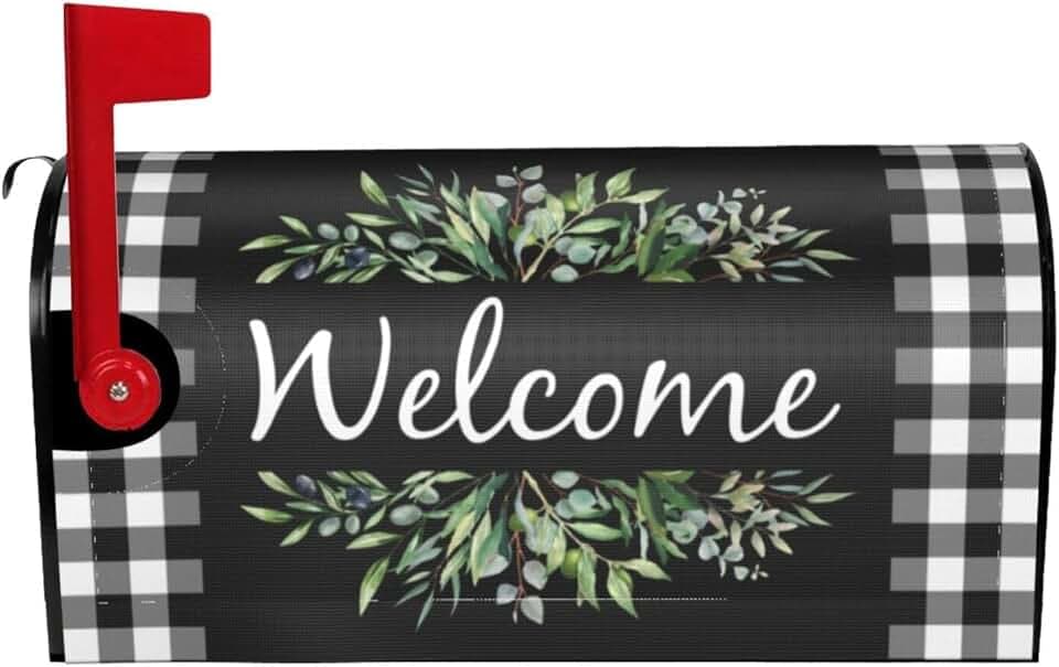 Wreath Buffalo Plaid Mailbox Covers, Welcome Magnetic Mailbox Cover, Plaid and Leaves Mail Box Covers for Garden Outdoor Decor 21 x 18 Inchs Black White