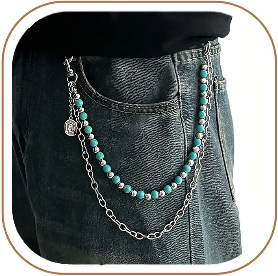 QWALIT Silver Turquoise Pants Chain for Men Pocket Chain for Pants Dainty Trendy Layered Pearl Jean Chains for Women Beads Biker Jean Chains Punk Hip Jewelry Party K-pop Music Festival Accessories
