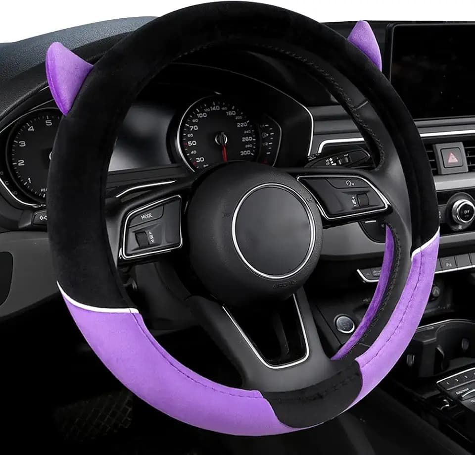 Cute Devil Car Steering Wheel Cover Non-Slip Plush Steering Wheel Covers Protector for Women Girls, Car Interior Accessories, Universal Fit 15 Inch, Purple