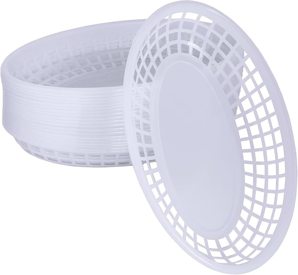 20 Pack Plastic Fast Food Baskets, 8.8" × 5.5" Small Oval Restaurant Serving Baskets Tray for Burgers, Sandwiches, Hot Dogs, Parties, Food Trucks, Reusable or Disposable, Stackable(White)