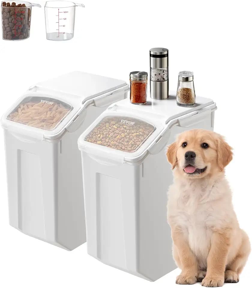 VEVOR Reis-Aufbewahrungsbehälter Vorratsdosen 2 Stk. Hundefutterspender, 2 x 20 L Behälter für Küchenzutaten Getreide Müsli Mehl, Tierfutterbehälter mit Rädern Messbecher luftdichter Deckel