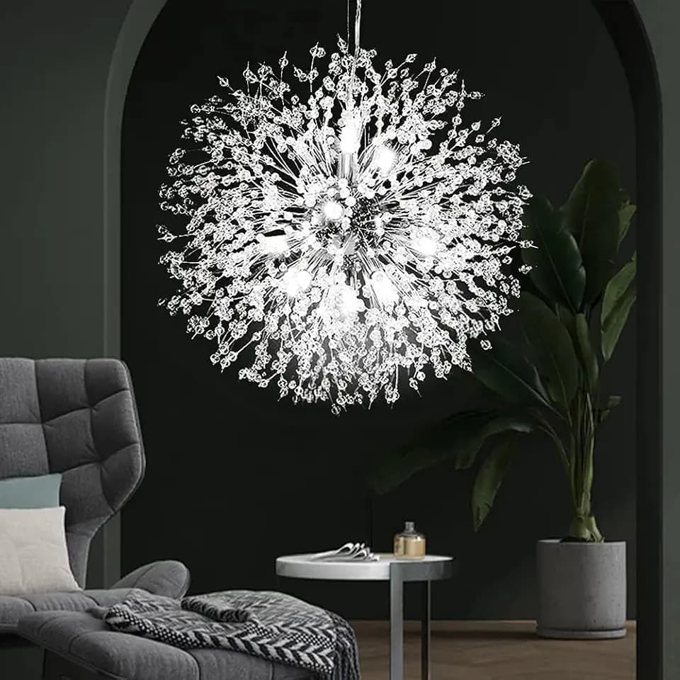 Modern Firework Chrome Crystal Chandeliers, Sputnik Dandelion Chandelier Light Fixture Pendant Lighting for Dining Room, Living Room, Bedroom, Kitchen, Restaurant- 12 Lights