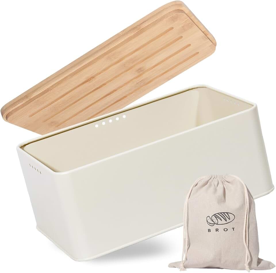 Theo&Cleo Brotkasten mit Schneidebrett , 33x21x15cm , Matte Brotbox mit Bambusdeckel und Leinen Brotbeutel , Rundum Belüftung , Brotkorb für langanhaltende Frische (Beige)