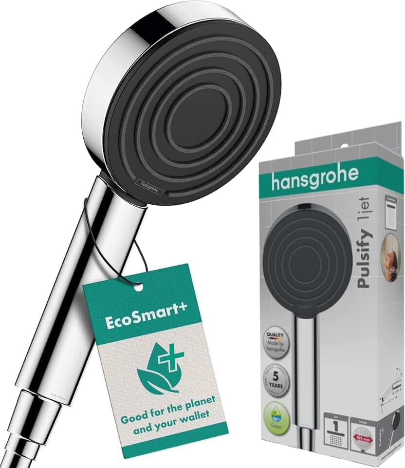 hansgrohe Pulsify S - wassersparender Duschkopf 6 l/min (EcoSmart+), Handbrause mit 1 Strahlart, runde Duschbrause (105 mm), Sparduschkopf mit Antikalk-Funktion, Chrom, 24121000