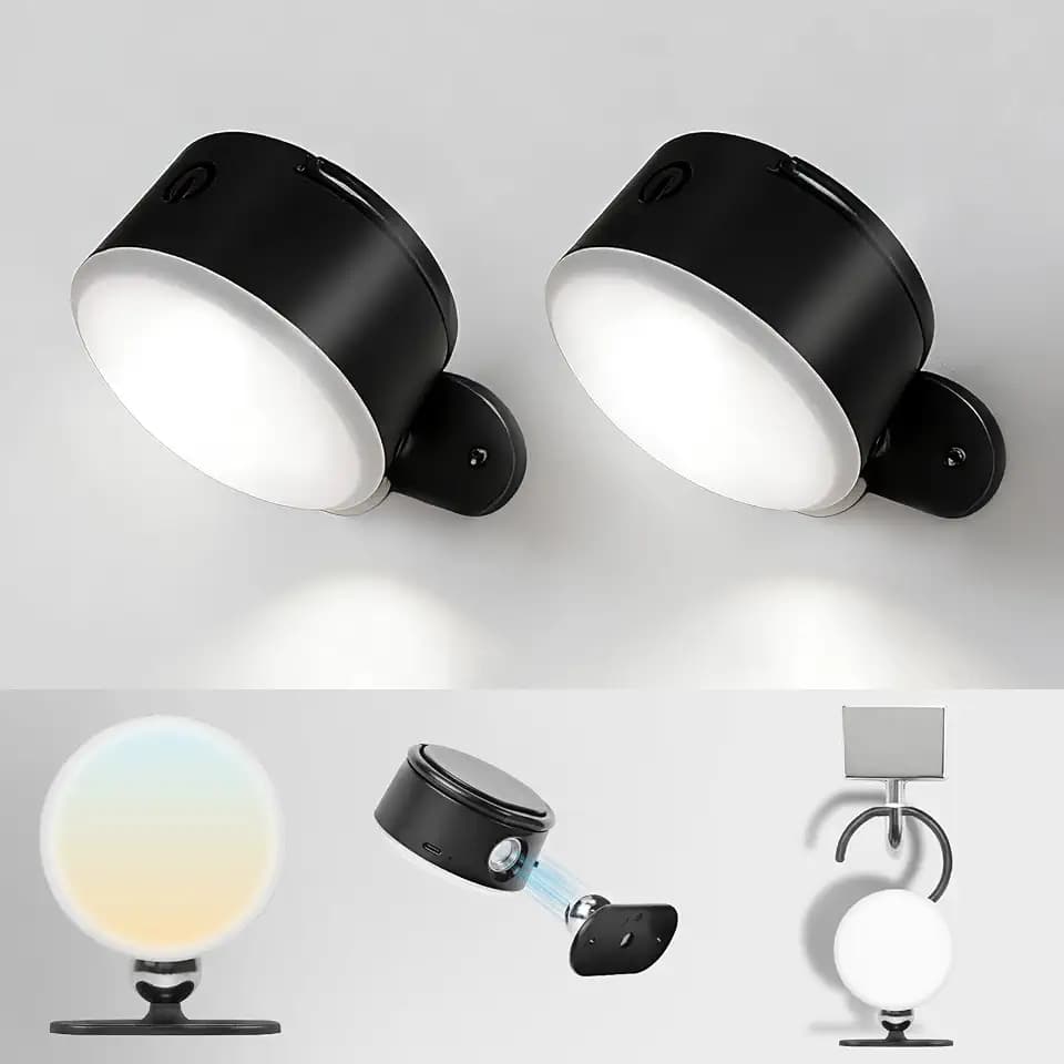 SYLVANIA LED Wall Lights with Battery, Touch Control Wall Lamp, 5 CCT (2700/3000/4000/5000/6500K), Dimmable, Timer, 360 Rotation, Cordless Wall Sconces, Mounting Accessories/Hook - 2 Pack (66215)
