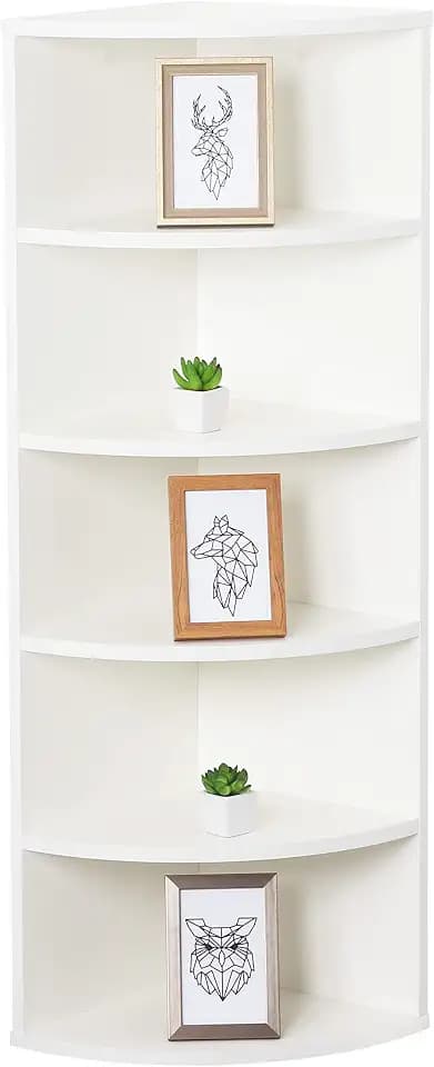 RICOO Eckregal stehend hängend 110 x 33 x 33 weiß matt Bücherregal Wand WM059-WM Holz Corner Shelf 5 Ablagefächer Wandregal Eck Regal Schweberegal Eckwandregal klein Eckbücherregal
