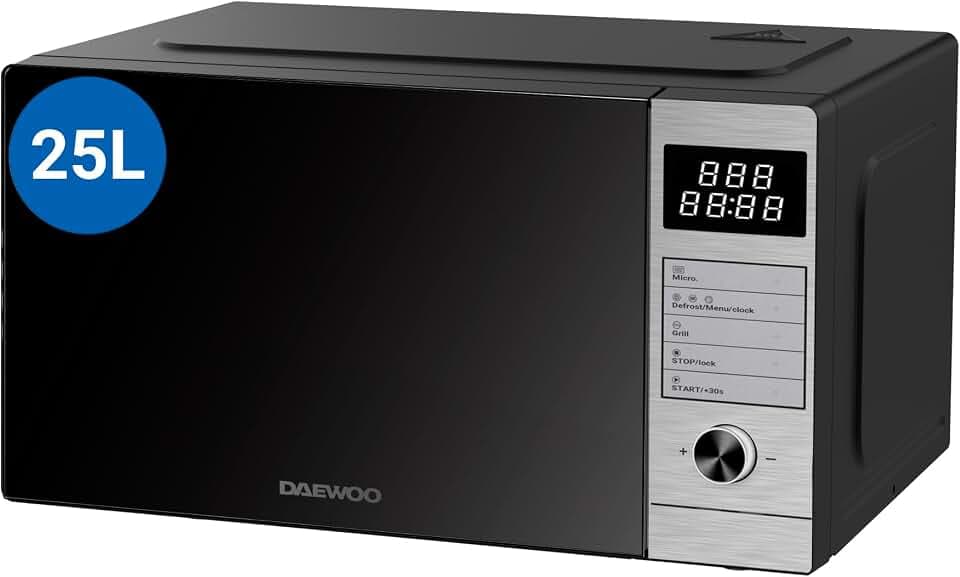 Daewoo MD-FP251GS-EU Mikrowelle mit Quarzgrill, 25 Liter Fassungsvermögen, 850 W Leistung, 8 Programme, 5 Leistungsstufen, digitales Panel, Edelstahl