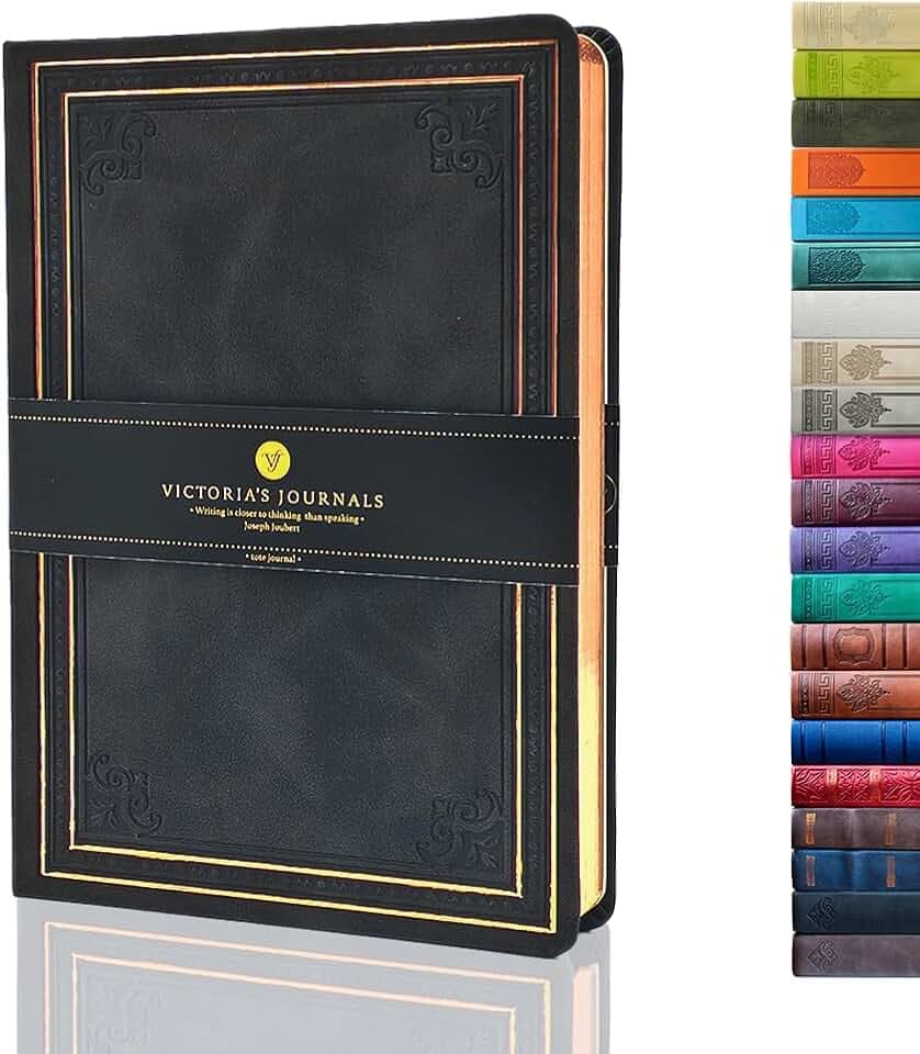 Victoria's Journals Tagebuch, Kunstleder, Vintage, Hardcover, liniertes Notizbuch, altmodisches Reisetagebuch, 14,5 x 20,5 cm, Schwarz