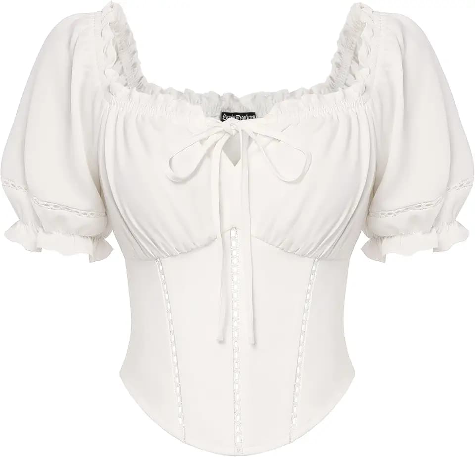 SCARLET DARKNESS Damen Renaissance Bluse Kurz Puffärmel Korsett Oberteil mit Schleifen Verziert Mittelalter Blusen