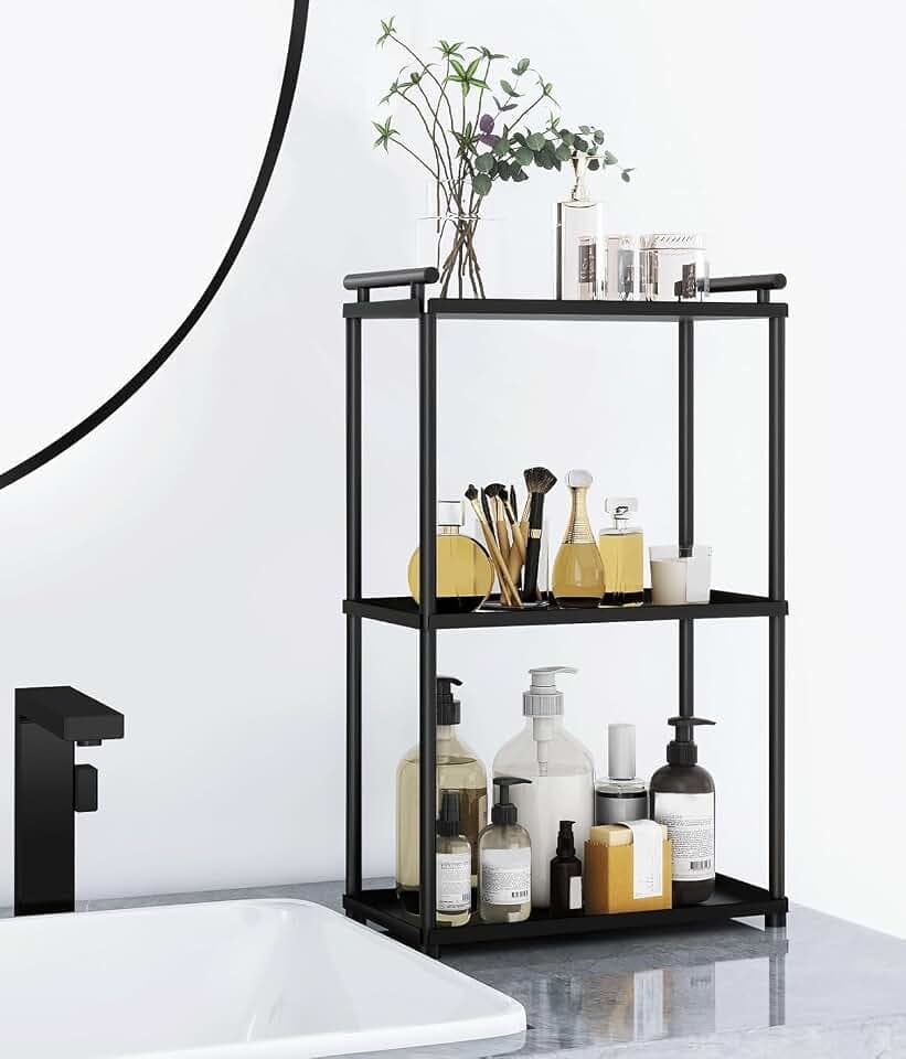 VOTZAAQ 3 Tier Bathroom Organizer Countertop, Stainless Steel Perfume Tray and Vanity Countertop Shelf, Makeup Skin Care Bathroom Organizers and Storage for Dresser, Kitchen (Matte Black)