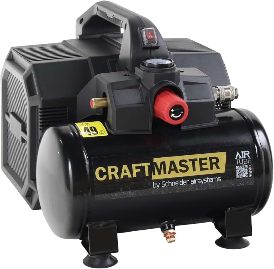 SCHNEIDER CRAFTMASTER, leiser, tragbarer, ölfreier Kompressor, 6-Liter-Tank, maximaler Druck: 8 bar, Leistung: 0,75 PS, Geräuschpegel: 49 dB LpA
