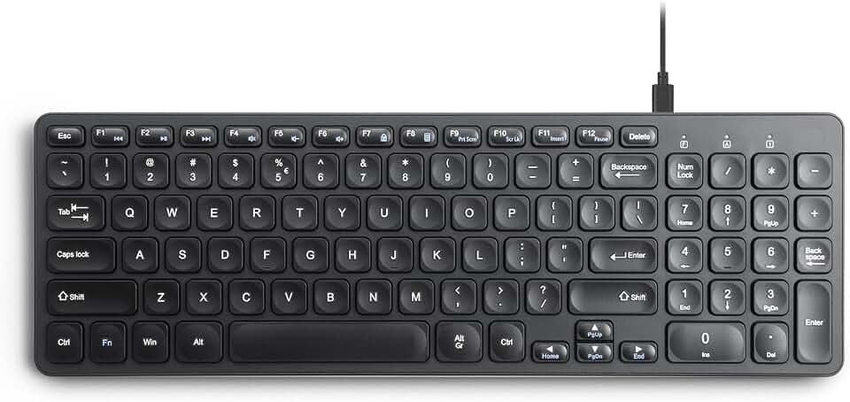 Perixx PERIBOARD-215B US, Wired Keyboard - Ultra Slim Scissor Keys - 2 Built-in USB-A & USB-C Ports - Detachable Cable - Black - US English