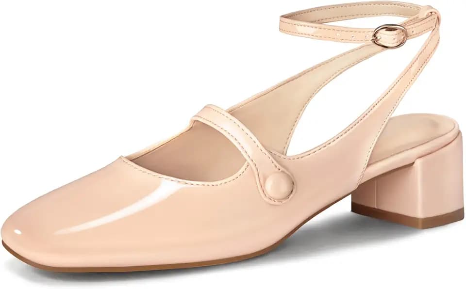 Womens Mary Jane Closed Square Toe Pumps Low Chunky Heels