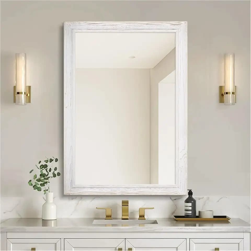 30x36 Rustic Wooden Framed Wall Mirror, White Wood with Orange Grain