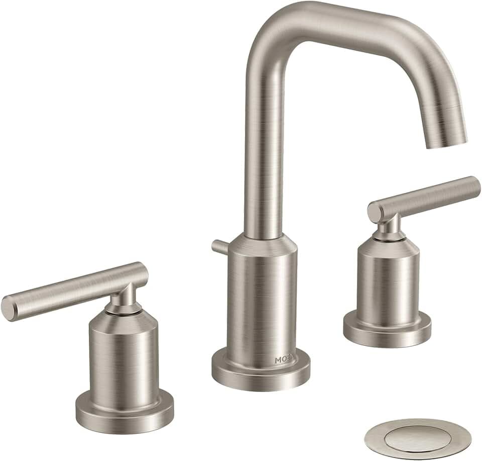 Moen Gibson Two-Handle High Arc Widespread Modern Bathroom Sink Faucet for 3-Hole Setups with Valve Included, Brushed Nickel, TV6142BN