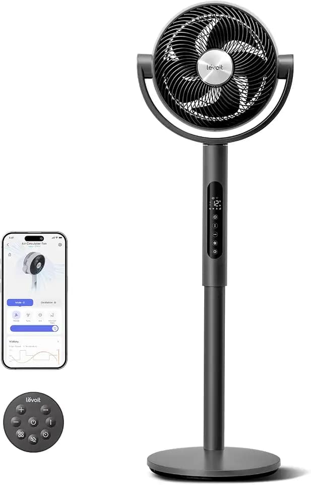 Levoit Smart Standing Fan for Bedroom, 120°+90° Oscillating Fan, 20dB Quiet