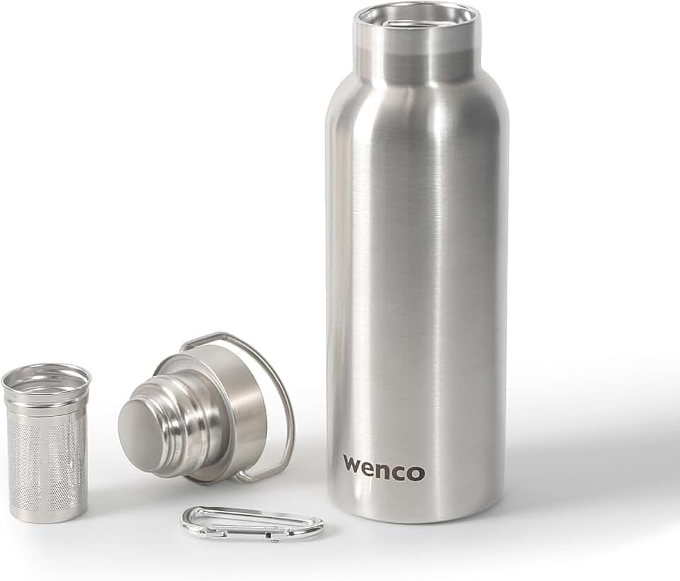 wenco Trinkflasche Edelstahl 0,5l / 500ml isoliert und auslaufsicher für kalte und heiße Getränke auch als Thermoskanne verwendbar – mit Teesieb – BPA frei – silber