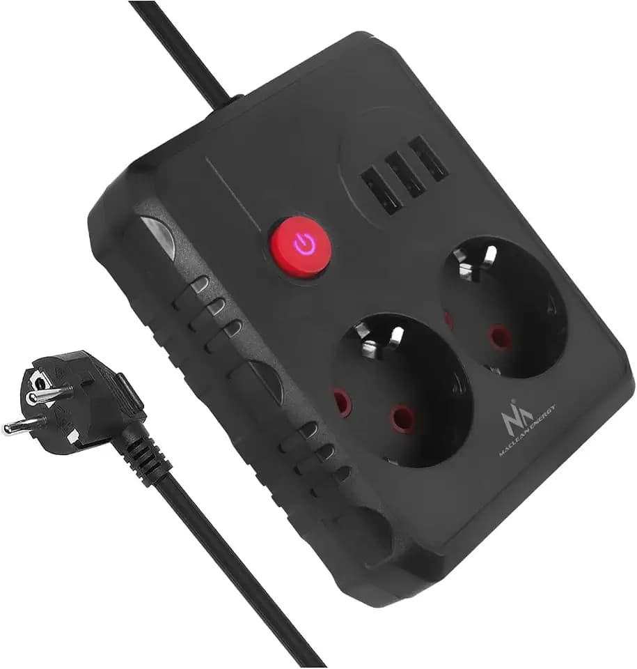 Maclean MCE387/8 Steckdosenleiste | 2 Steckdosen 3xUSB 2500W | Kompaktes Kabel mit 45° Winkelsteckdosen | Beleuchteter Wandschalter (Schwarz, 1,5 m)