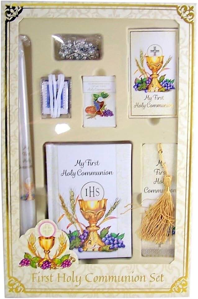 Christian Brands My First Holy Communion Deluxe 7-Piece Set Bread of Life Boxed Gift with Mass Book| Rosary| Scapular| Lapel Pin| Bookmark| Holy Card| Candle, for Girls