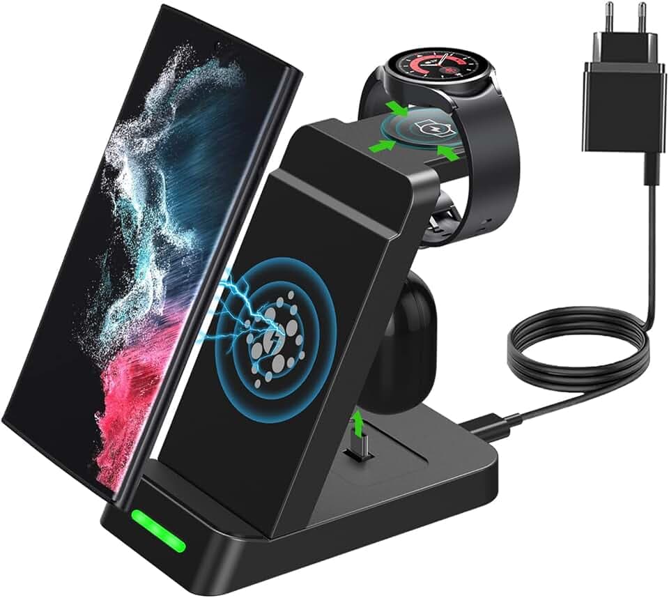 kabelloses Ladegerät, Wireless Charger 3 in 1 für Samsung Galaxy S23 Ultra/Z Flip, Induktive ladestation für Galaxy Watch 5/4/Active2, Plug in Ladegerät für Galaxy Buds+/Live/Pro (mit Adapter)