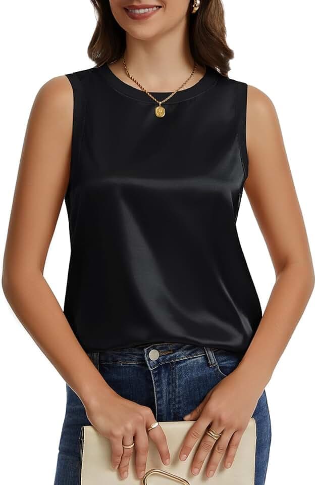 Womens Silk Satin Tank Tops Crew Neck Sleeveless Shirt Casual Camisole Summer Basic Blouses