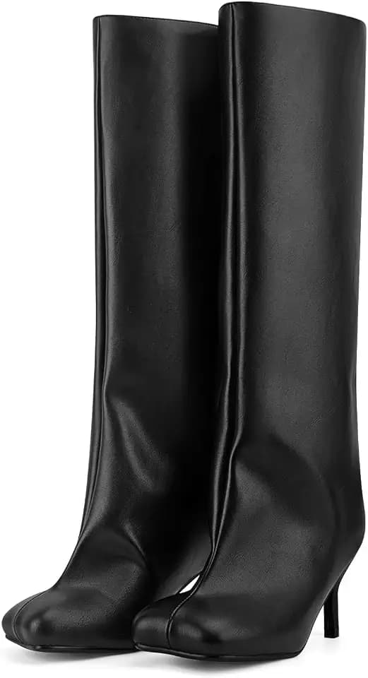 Knee High Boots Women Square Toe Kitten Heel Pull On Tall Boots