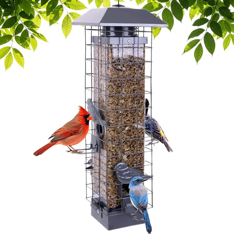 Squirrel Proof Bird Feeders for Outdoors, Metal Wild Bird Feeder for Outside Hanging, 4 Ports Perches, 3LB Large Capacity(Gray)
