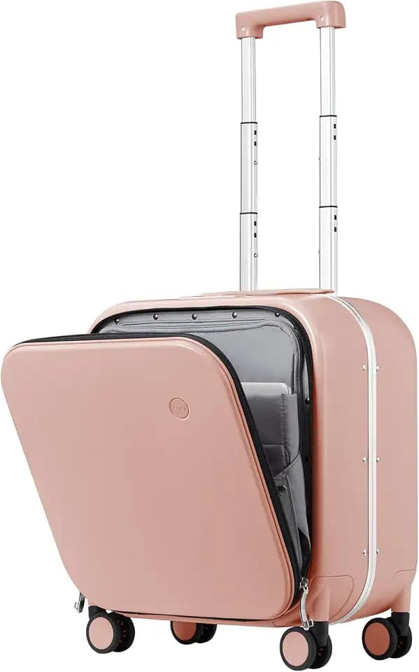 mixi Carry On Luggage, 18” Suitcase with Front Pocket, Travel Luggage Aluminum Frame PC Hardside with Spinner Wheels & TSA Lock and Cover (Not for Underseat), Pink