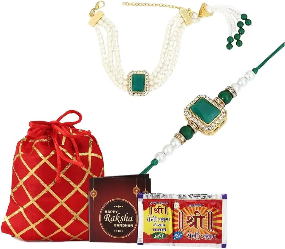 Combo Set Of 2 Designer Kundan Pearls Lumba Bracelet With Printed Potli Bag, Roli Chawal And Greeting Card For Brother (Rakhi 3)